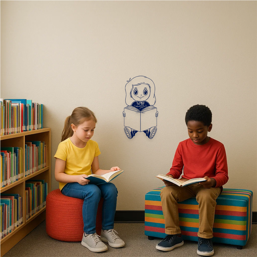 Wall sticker of girl reading a book in classroom library – cozy reading corner with kids and colorful bookshelf