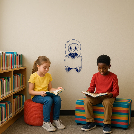 Wall sticker of girl reading a book in classroom library – cozy reading corner with kids and colorful bookshelf