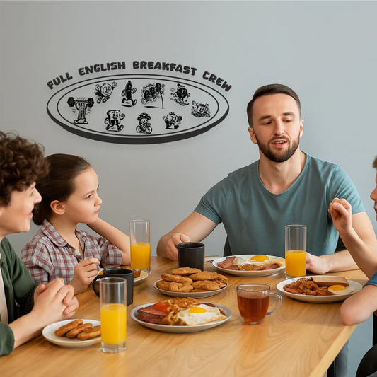 Funny breakfast wall sticker with cartoon eggs, bacon and sausages above dining table – lifestyle kitchen mockup – British breakfast decor