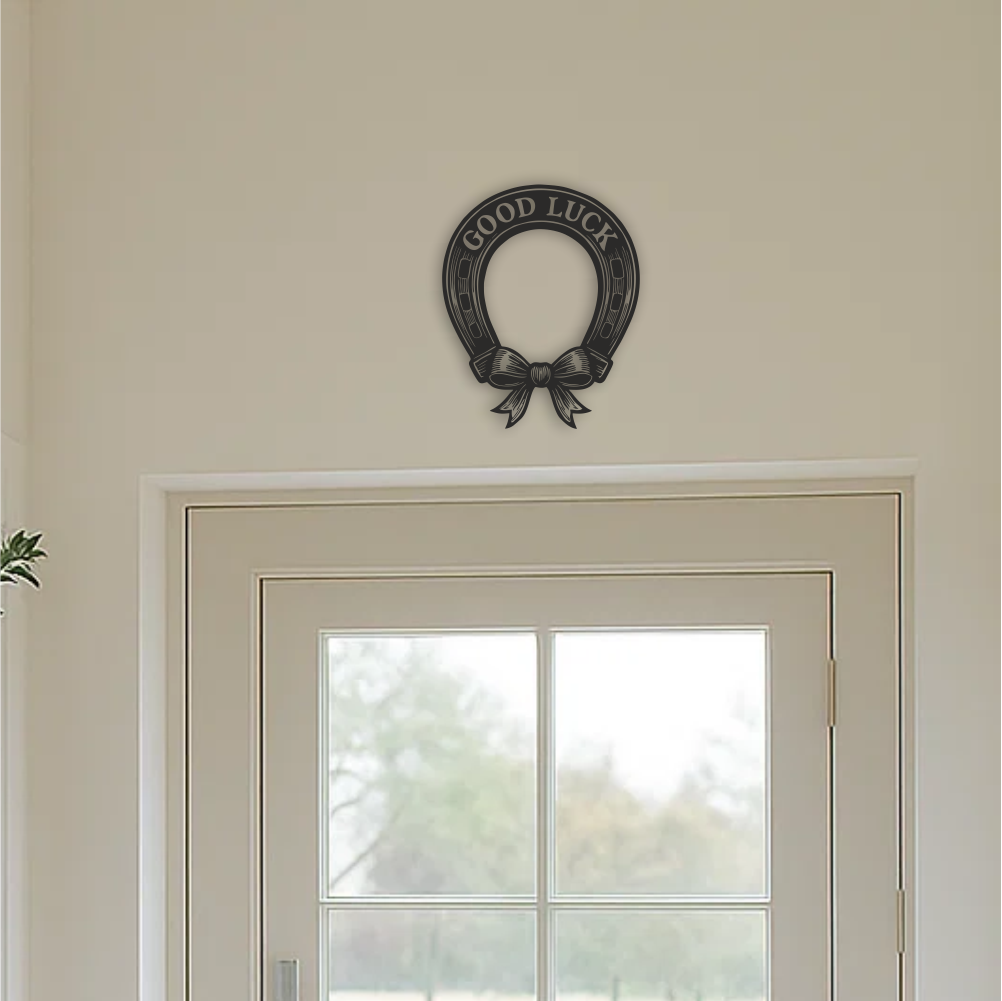 Close-up view of good luck horseshoe vinyl decal — downwards orientation (pouring luck). Black vinyl wall sticker with smooth bubble-free finish
