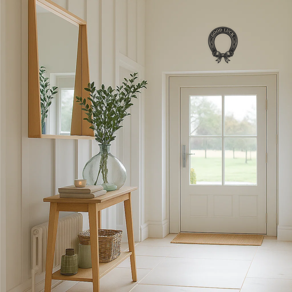 Good luck horseshoe wall decal applied above hallway door — downwards orientation (pouring luck). Elegant hallway wall decor