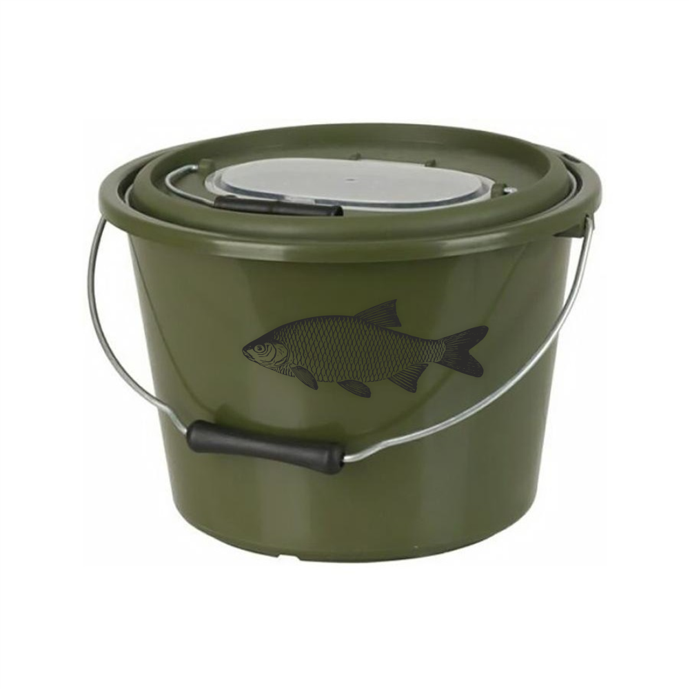 Green fishing bait bucket with black rudd fish decal – ideal for coarse fishing equipment personalisation