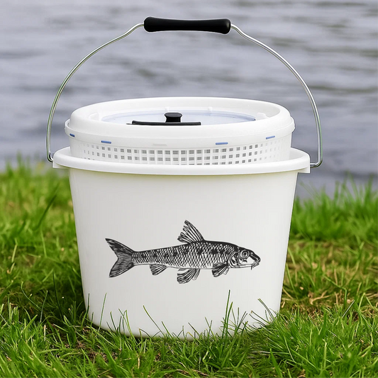 Gudgeon fish vinyl decal applied on white bait bucket near river – fishing gear decoration for anglers