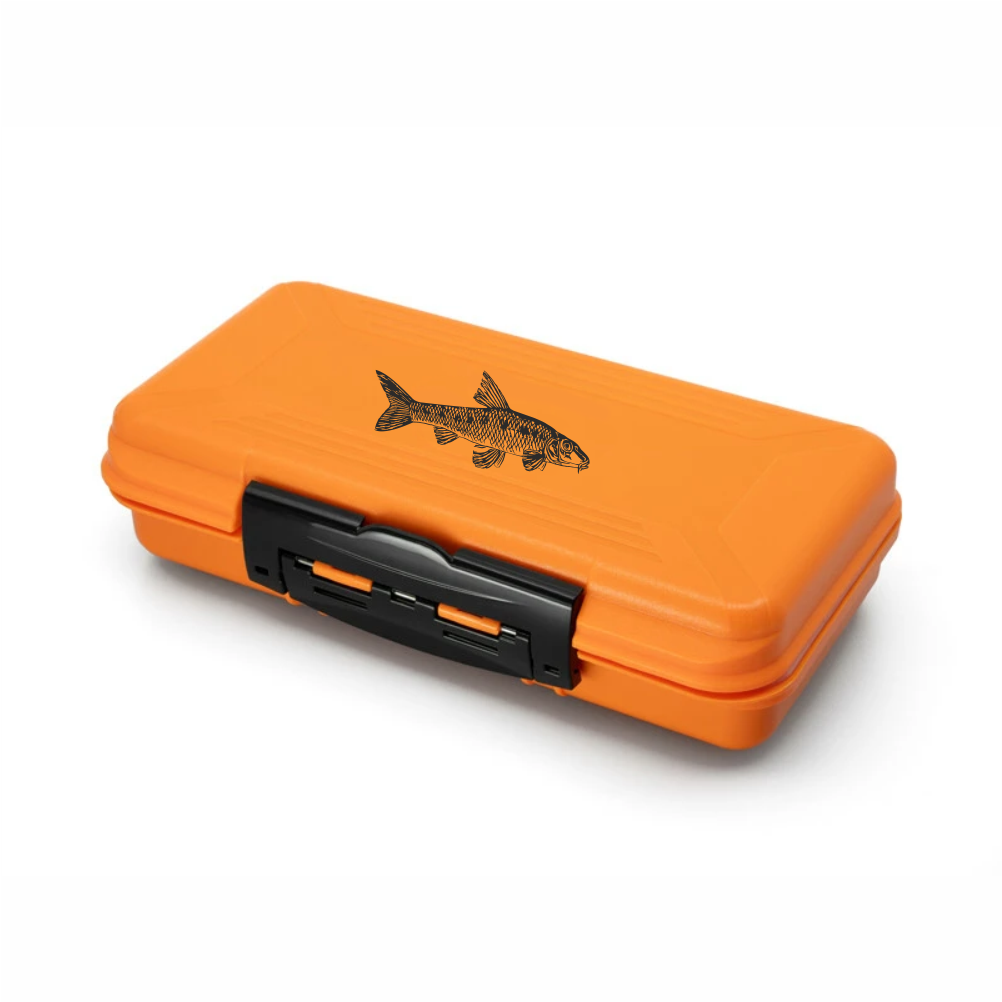 Gudgeon fish vinyl decal applied on orange tackle box – outdoor fishing gear detail close-up.