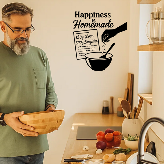 Man holding wooden bowl in kitchen – Happiness is Homemade wall decal on the wall – lifestyle kitchen mockup