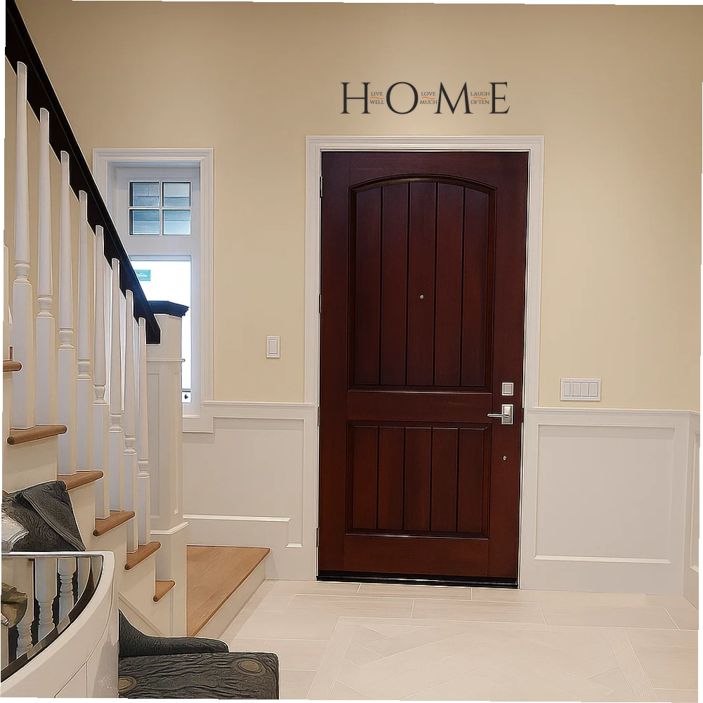 Home vinyl wall decal above front door – timeless black lettering for welcoming entrance