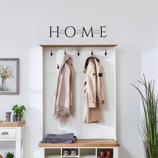 Home wall decal with “Live Well, Love Much, Laugh Often” text above hallway coat rack – elegant entryway decor