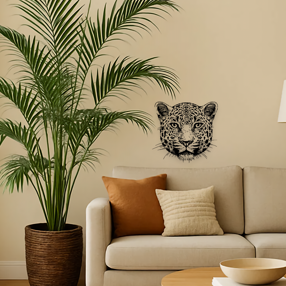 Leopard Wall Decal in Light Modern Living Room – Front-Facing Vinyl Animal Head – Art Decals