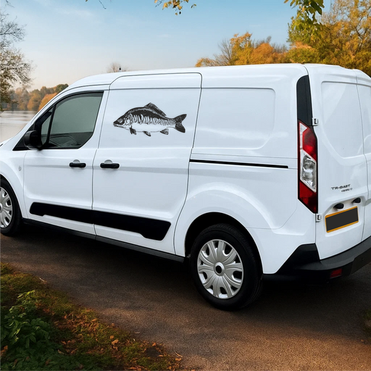 Mirror carp vinyl decal on white van – fishing vehicle sticker for anglers.