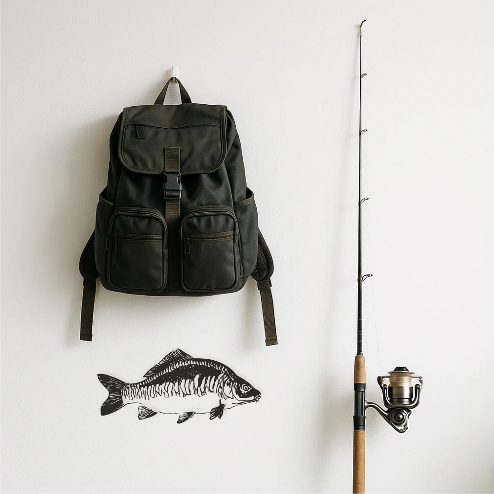 Mirror carp vinyl wall decal under green fishing backpack next to rod – clean white wall background, fishing vibe.