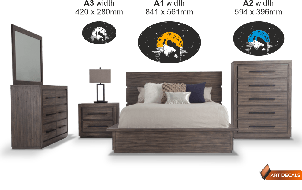 Moon Lovers wall decal size guide – A3 A2 A1 comparison above bed