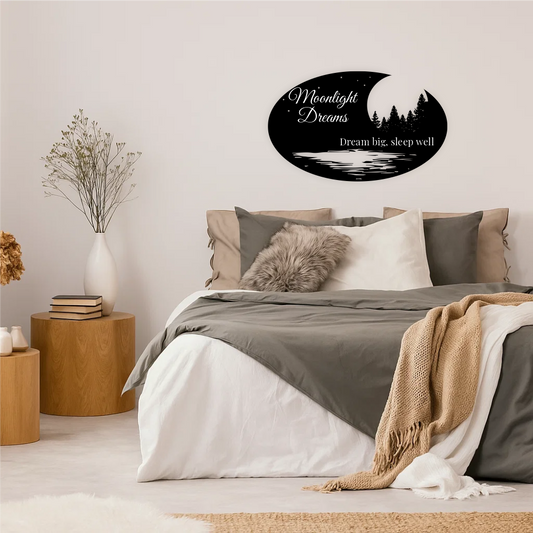Crescent moon wall decal above bed in modern bedroom – peaceful and cozy wall art