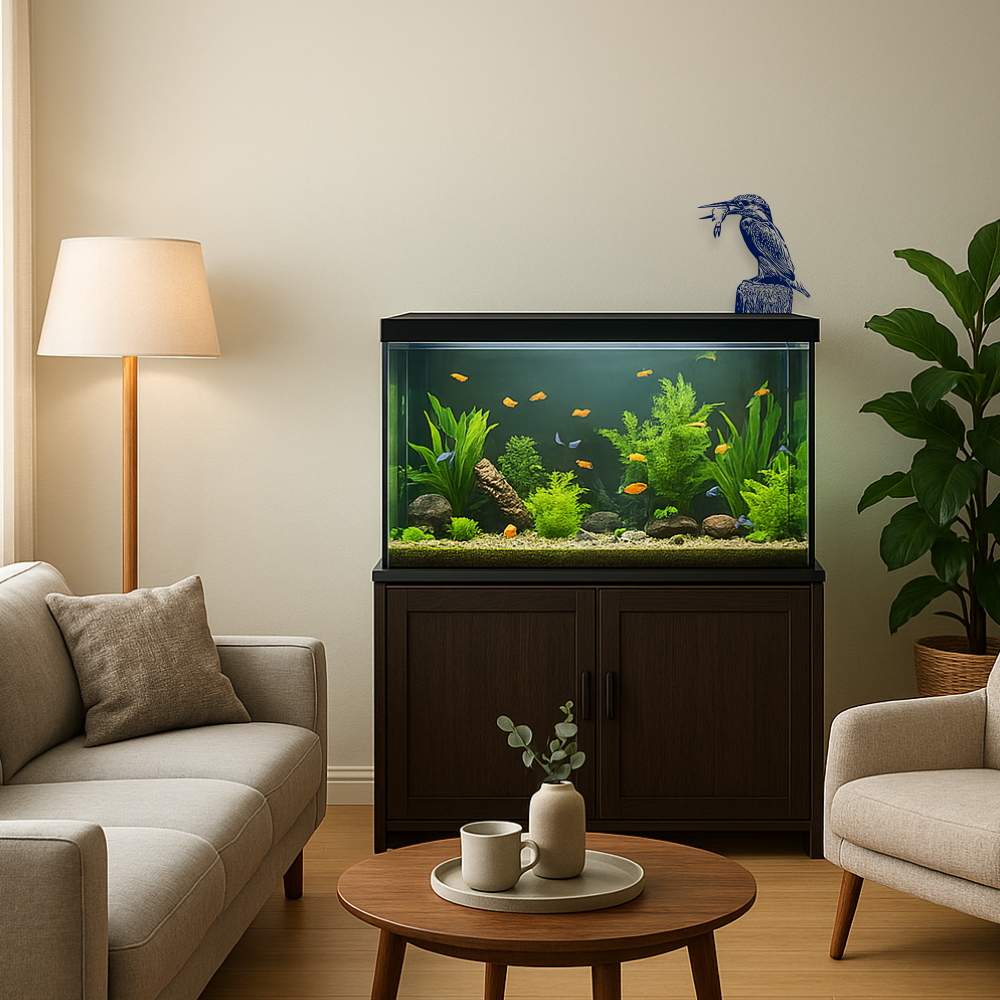 Navy Kingfisher Wall Decal in Living Room – Realistic Bird Sticker Displayed Above Aquarium – Art Decals