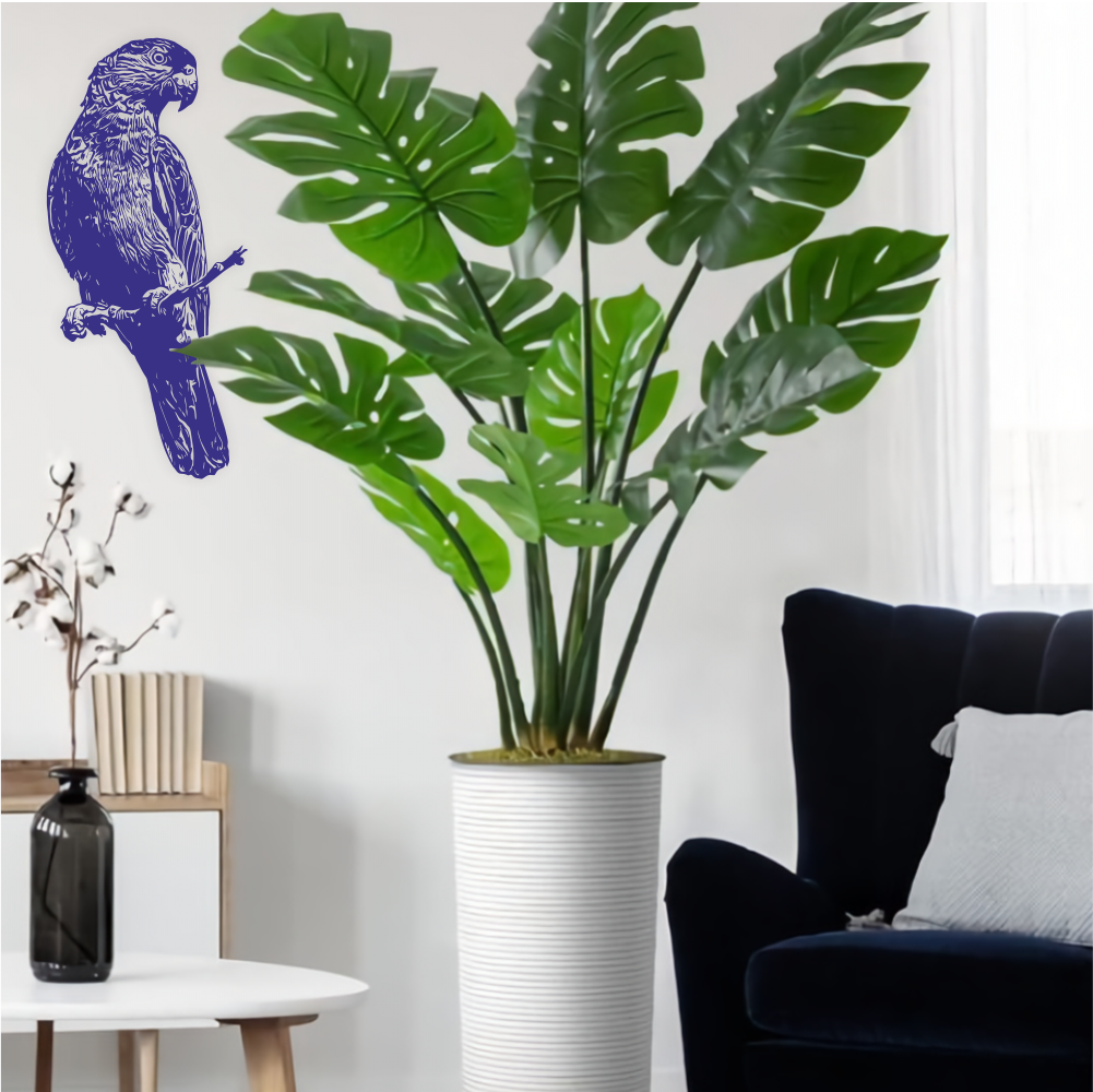 Navy Parrot Wall Decal in Modern Living Room – Real-Life Bird Vinyl Decor – Art Decals