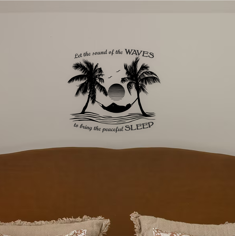Close-up of ocean wave wall decal with palm trees, hammock and sunset – relaxing tropical vinyl wall art.