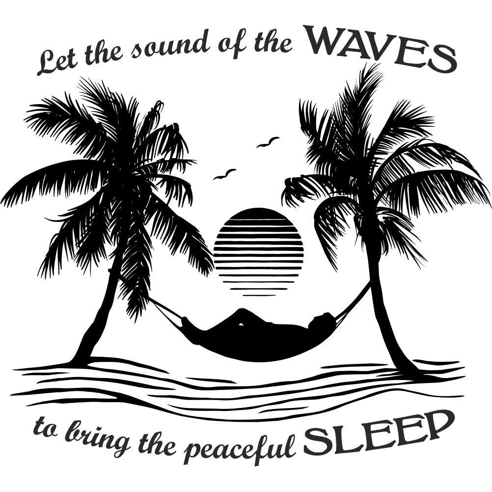 Ocean wave wall decal with tropical palm trees, hammock and sunset – black vinyl sticker design for bedroom wall decor.