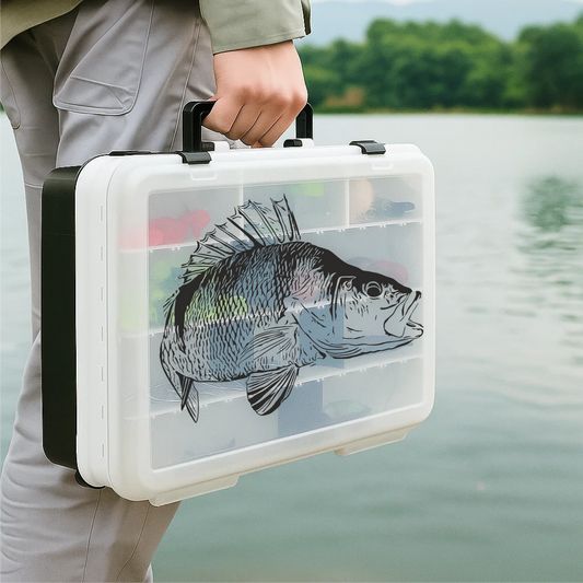Perch fish vinyl decal applied on white tackle box – fishing gear decoration for anglers