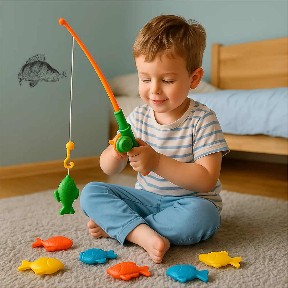 Little boy playing fishing game with perch fish wall decal in background – playful kids’ room decor.