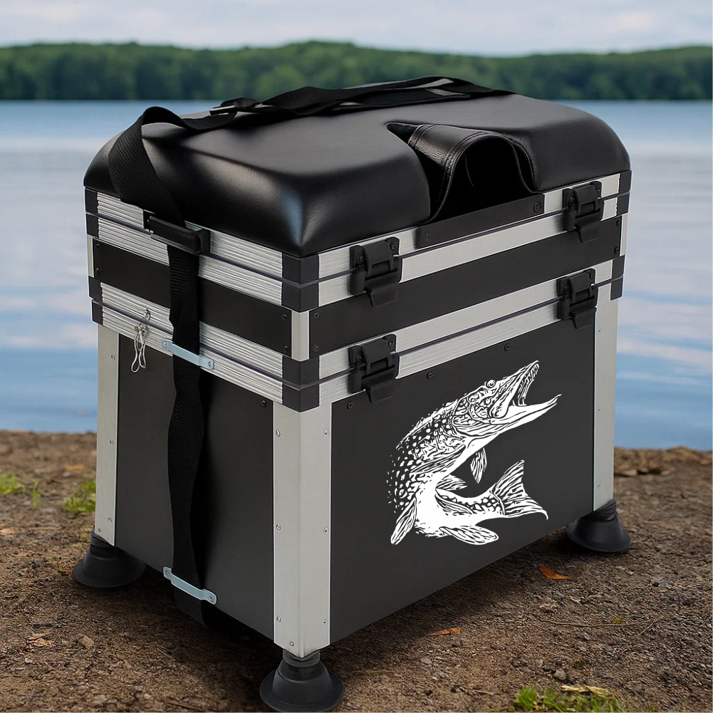 Pike fish vinyl decal applied on black fishing seat box near lake – fishing gear decoration for predator anglers