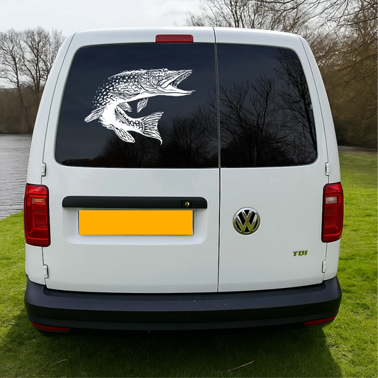 Pike fish vinyl decal applied on van rear window – fishing vehicle sticker for anglers.