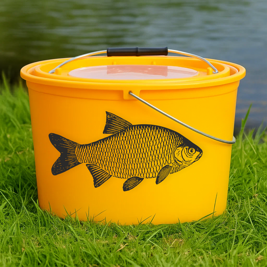 Rudd fish vinyl decal applied on yellow bait bucket by the lake – fishing gear decoration for coarse anglers.