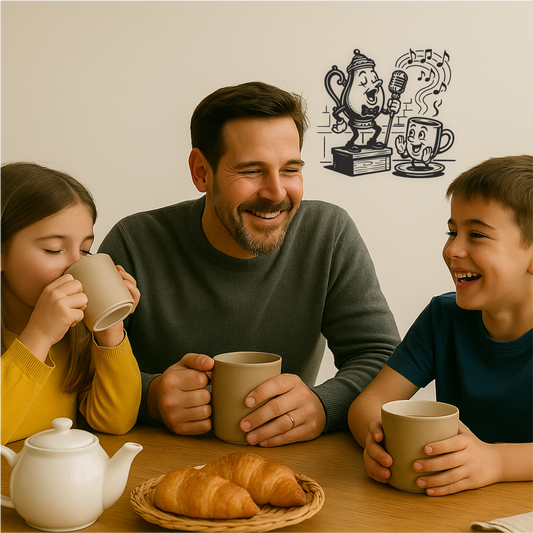 Funny kitchen wall sticker with singing teapot and cup – family breakfast lifestyle mockup