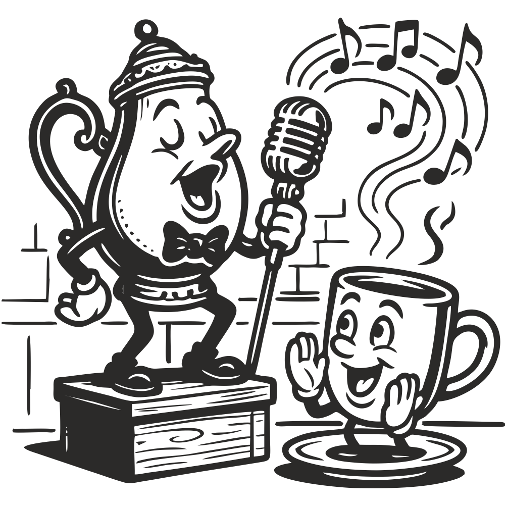 Steaming Duet vinyl wall decal – cartoon teapot singing to cup on transparent background