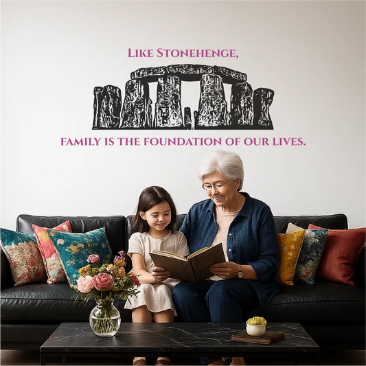 Grandmother reading with granddaughter under “Family is the foundation of our lives” Stonehenge wall decal – emotional family wall art for living room décor.