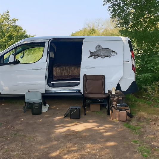 Tench fish vinyl decal applied on camper van near fishing spot – fishing vehicle decoration for coarse anglers.