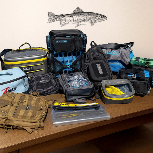 Trout fish vinyl wall decal displayed above fishing gear – realistic fishing decoration for anglers and hobby rooms.