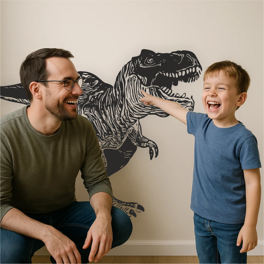 Dad and son playing next to black Tyrannosaurus wall decal – fun dinosaur sticker for kids’ rooms and nurseries.