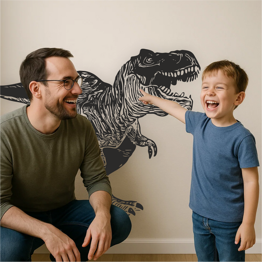 Dad and son playing next to black Tyrannosaurus wall decal – fun dinosaur sticker for kids’ rooms and nurseries.