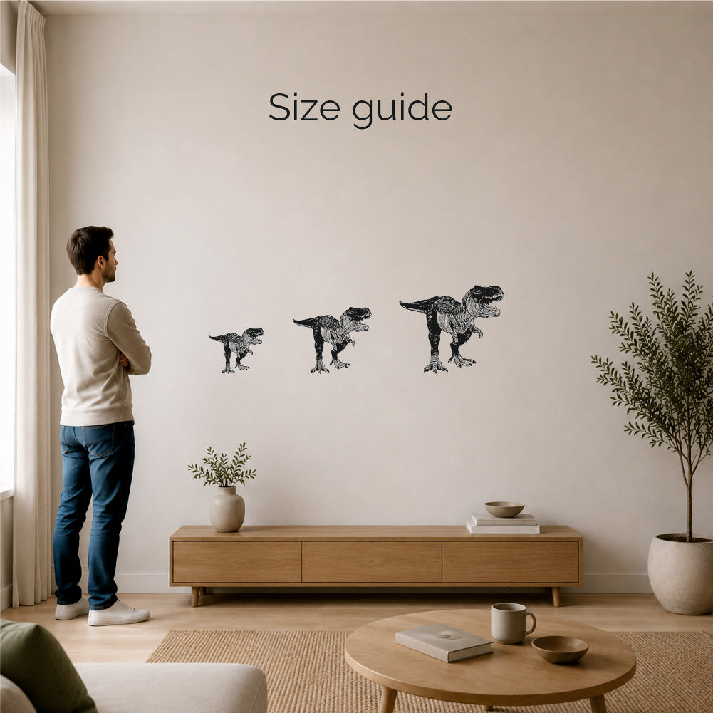 Tyrannosaurus wall decal size guide showing different sizes in a room