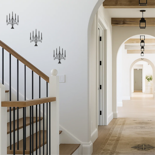 Vintage candlestick wall decal applied in bright elegant hallway near staircase – classic vertical vinyl wall sticker