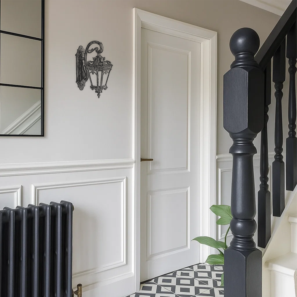 Vintage lantern wall decal near entrance door in bright hallway – classic vinyl wall sticker