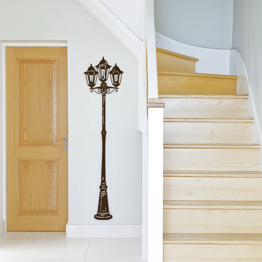 Vintage street lamp wall decal applied near staircase – elegant vinyl hallway decor