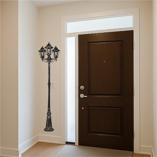 Vintage street lamp wall decal next to entrance door in modern hallway – classic vinyl lamp post sticker