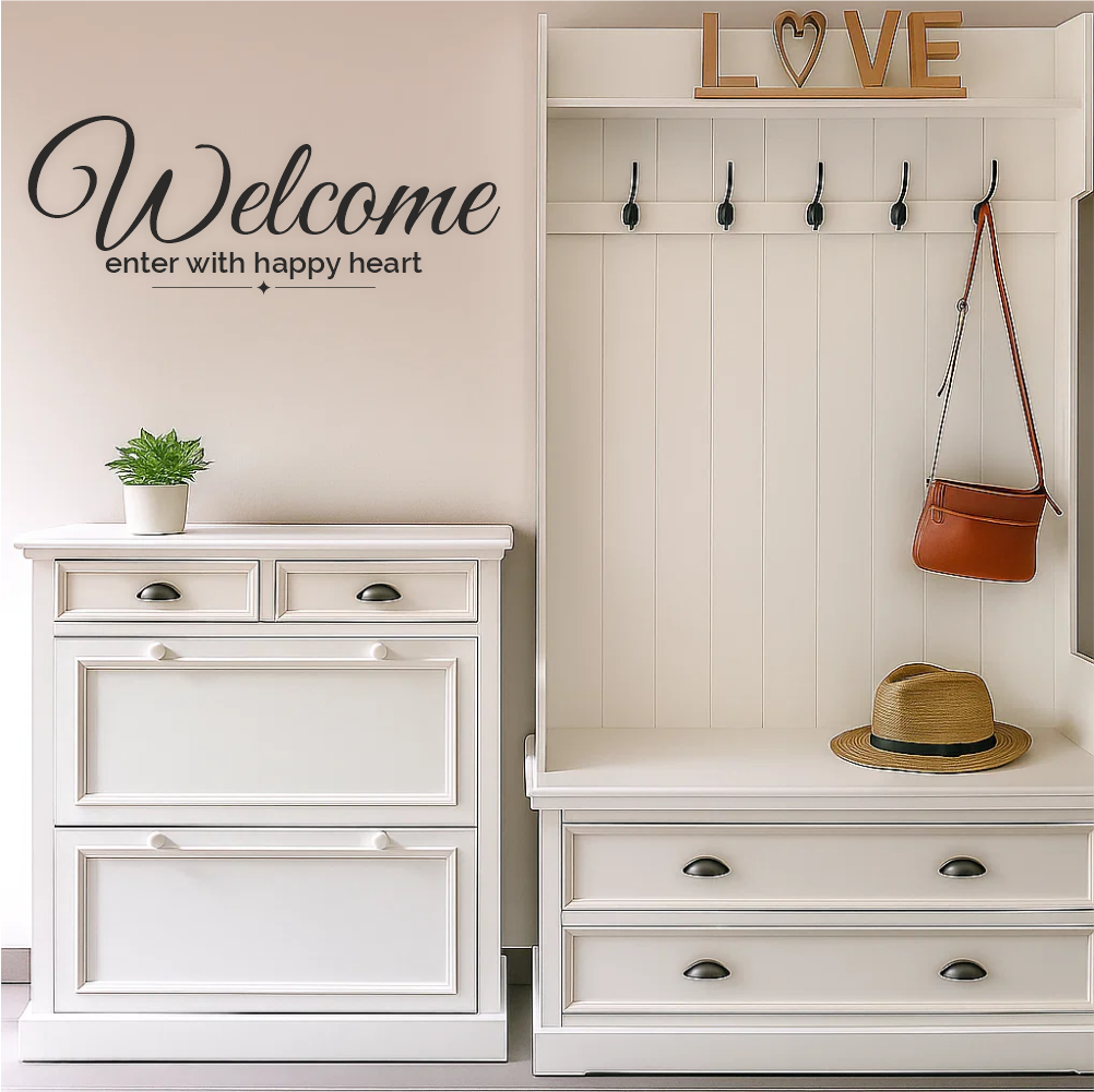 Welcome wall decal above white entryway cabinet with hat and bag – elegant hallway decor