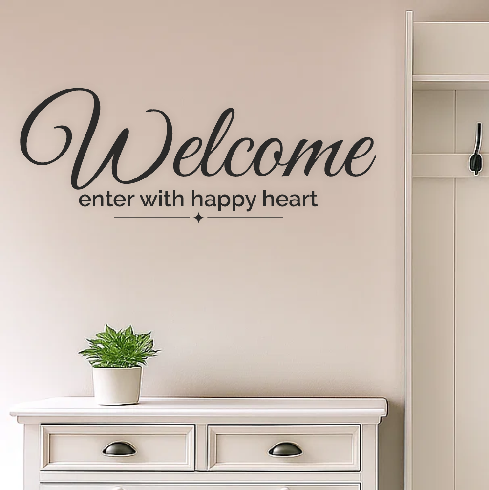 Vinyl welcome quote decal in modern entryway – hallway wall sticker above shoe rack-detail