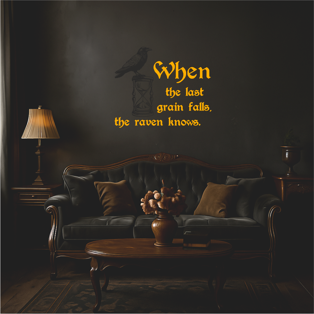 When the last grain falls, the raven knows wall decal applied above a sofa – poetic hourglass and raven design for living rooms