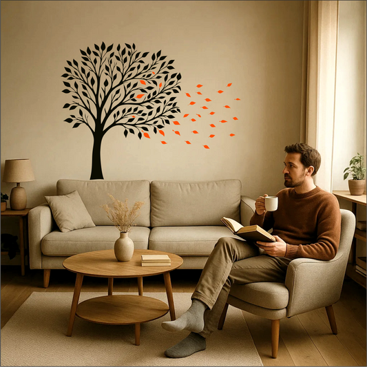 Tree wall decal with autumn leaves on living room wall behind sofa – cosy reading corner with nature-inspired wall art