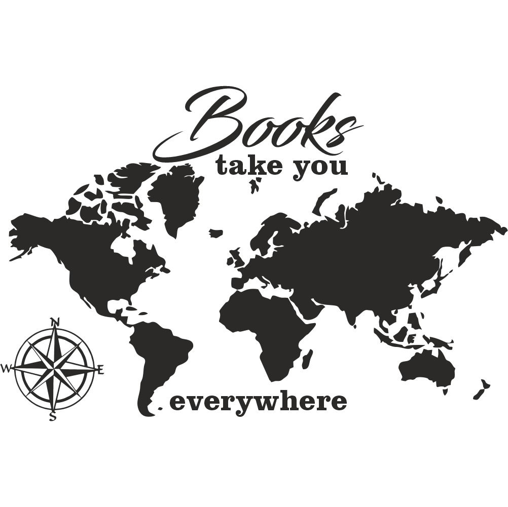 Black world map wall decal with “Books take you everywhere” quote on transparent background – vinyl wall sticker for reading spaces