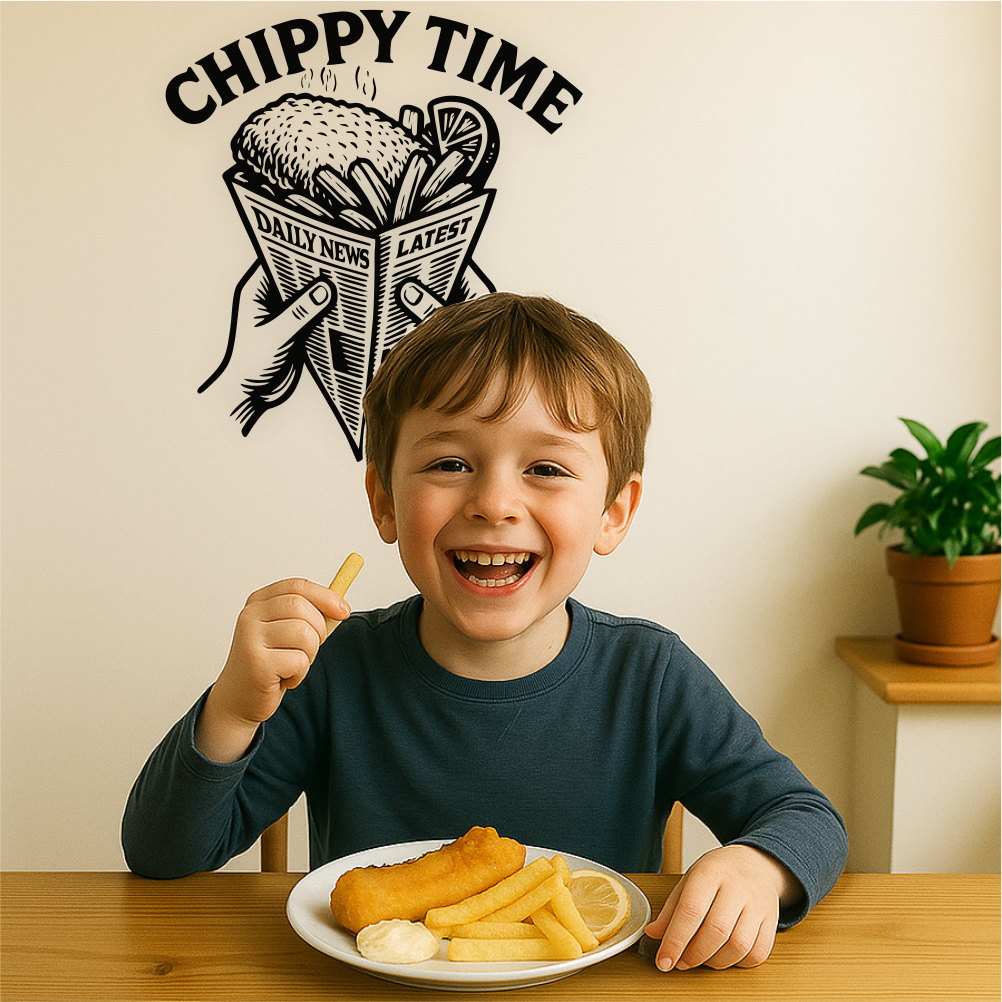 Laughing boy eating fish and chips at kitchen table with Chippy Time wall decal on the wall – fun British kitchen decor
