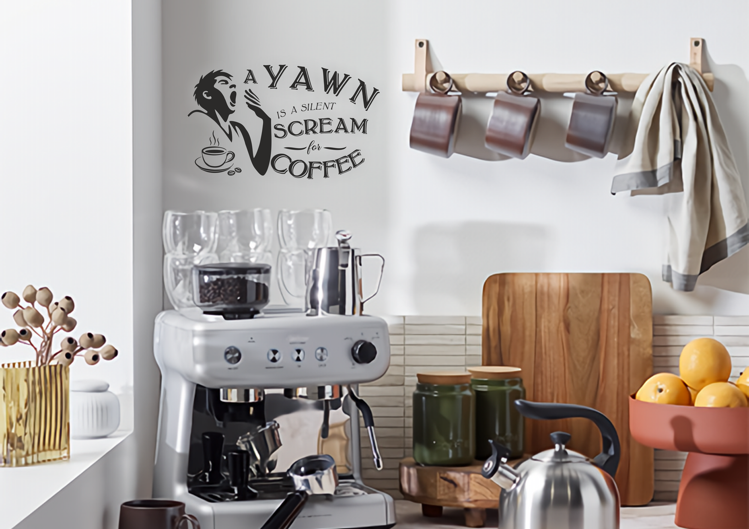 Coffee corner with 'A yawn is a silent scream for coffee' wall decal – stylish vinyl sticker above modern espresso machine in cozy kitchen setup