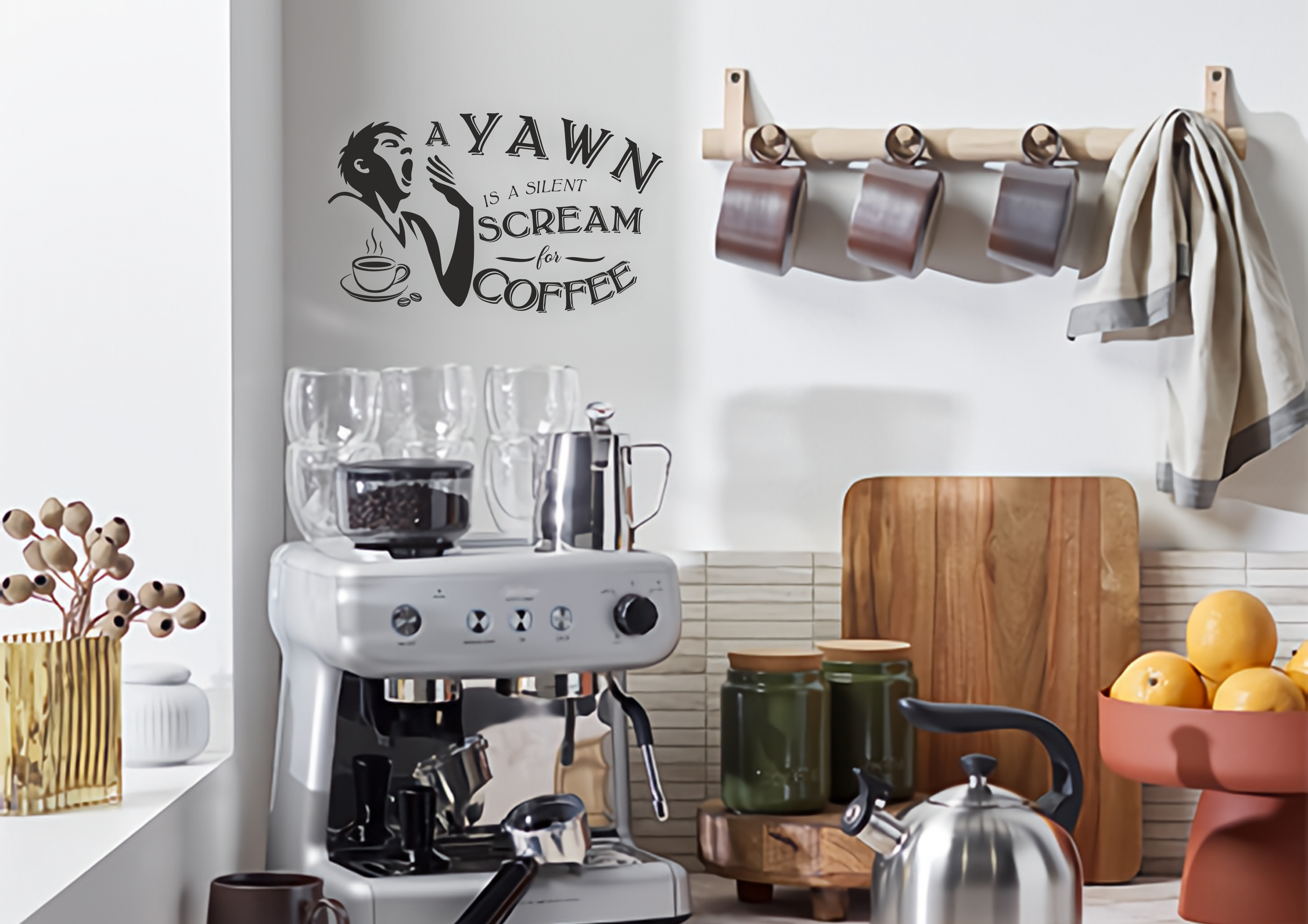 Coffee corner with 'A yawn is a silent scream for coffee' wall decal – stylish vinyl sticker above modern espresso machine in cozy kitchen setup