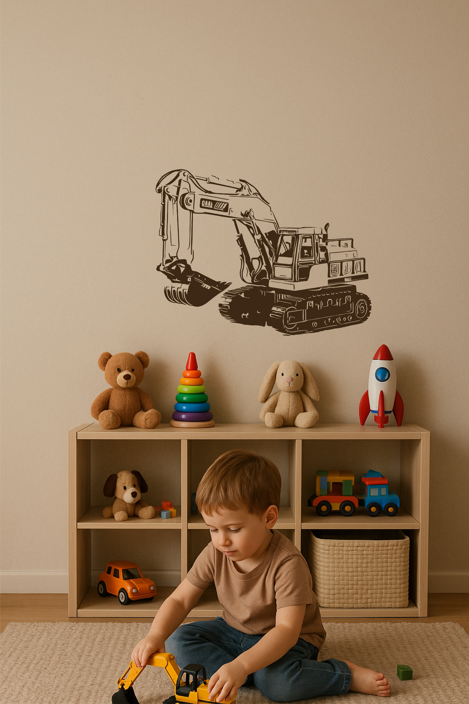 Boy playing with toy digger under vinyl excavator wall decal – playful kids’ room decor for future builders