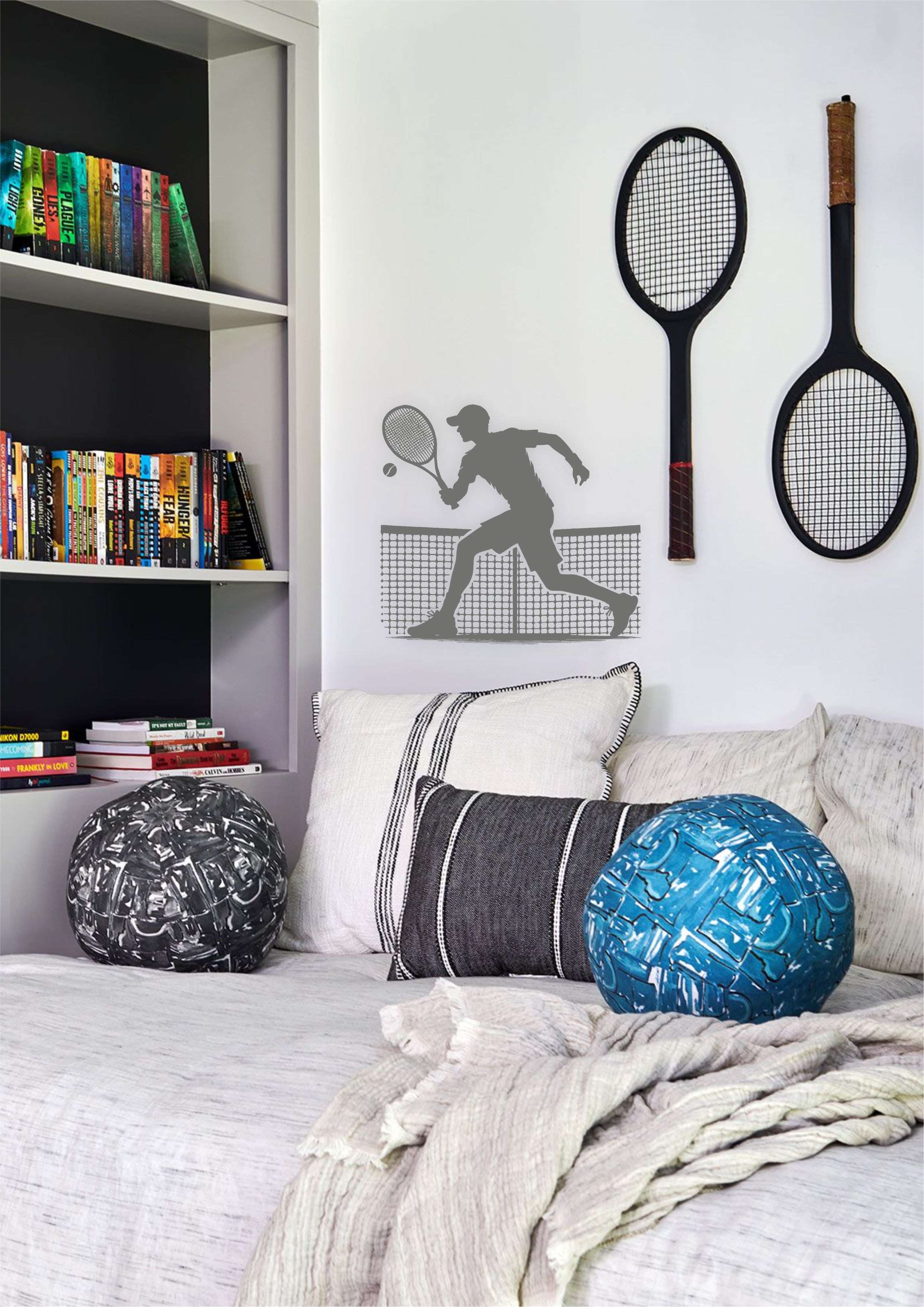 Tennis player vinyl wall decal in modern teen room – dynamic sports wall art with net and racket