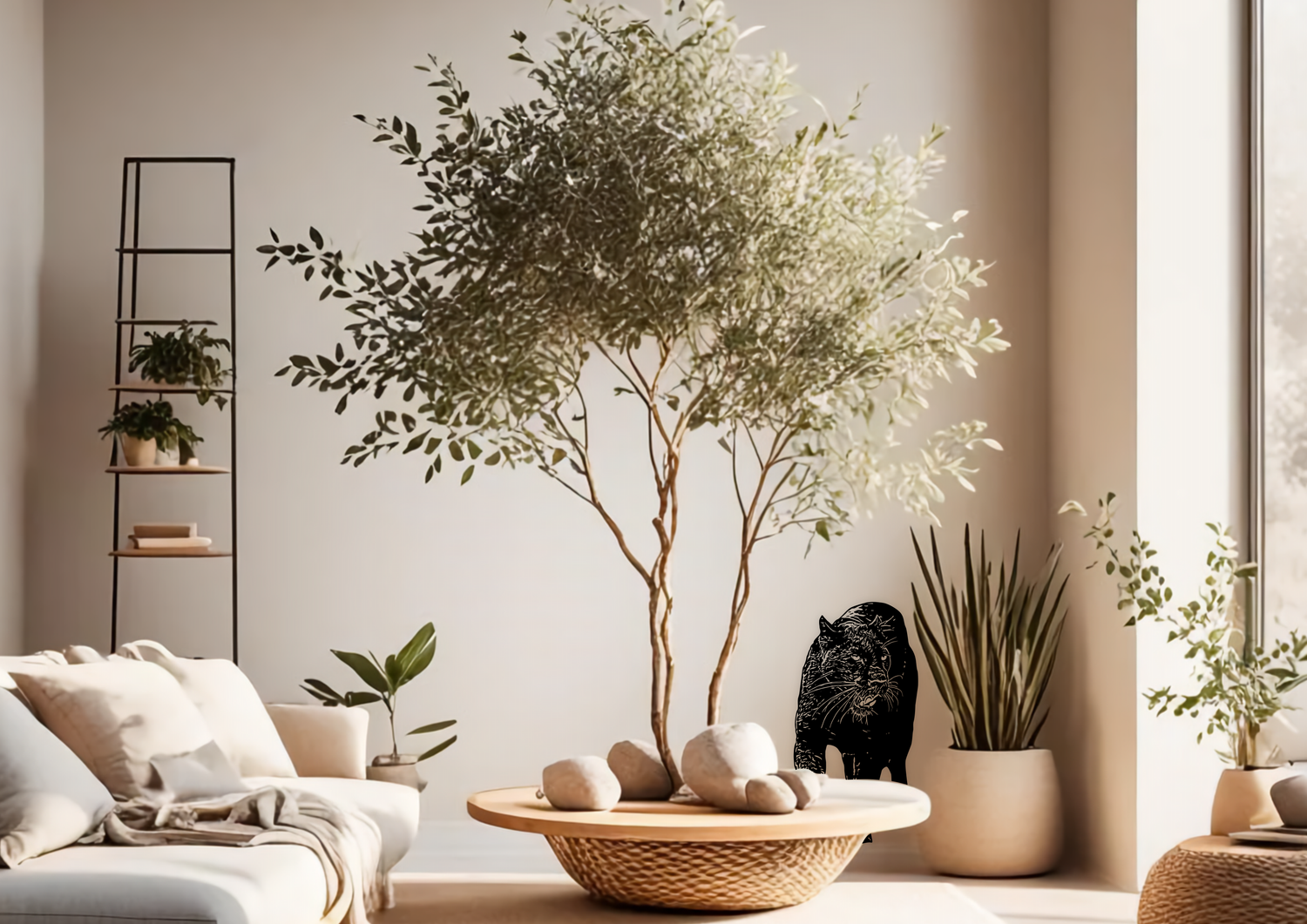 Black leopard wall decal in bright modern interior with plants – stylish vinyl animal decoration
