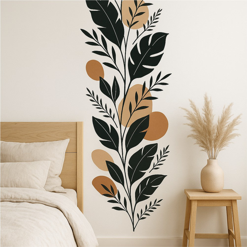 Boho botanical wall decal beside wooden bed with pampas grass decor – calm natural bedroom interior