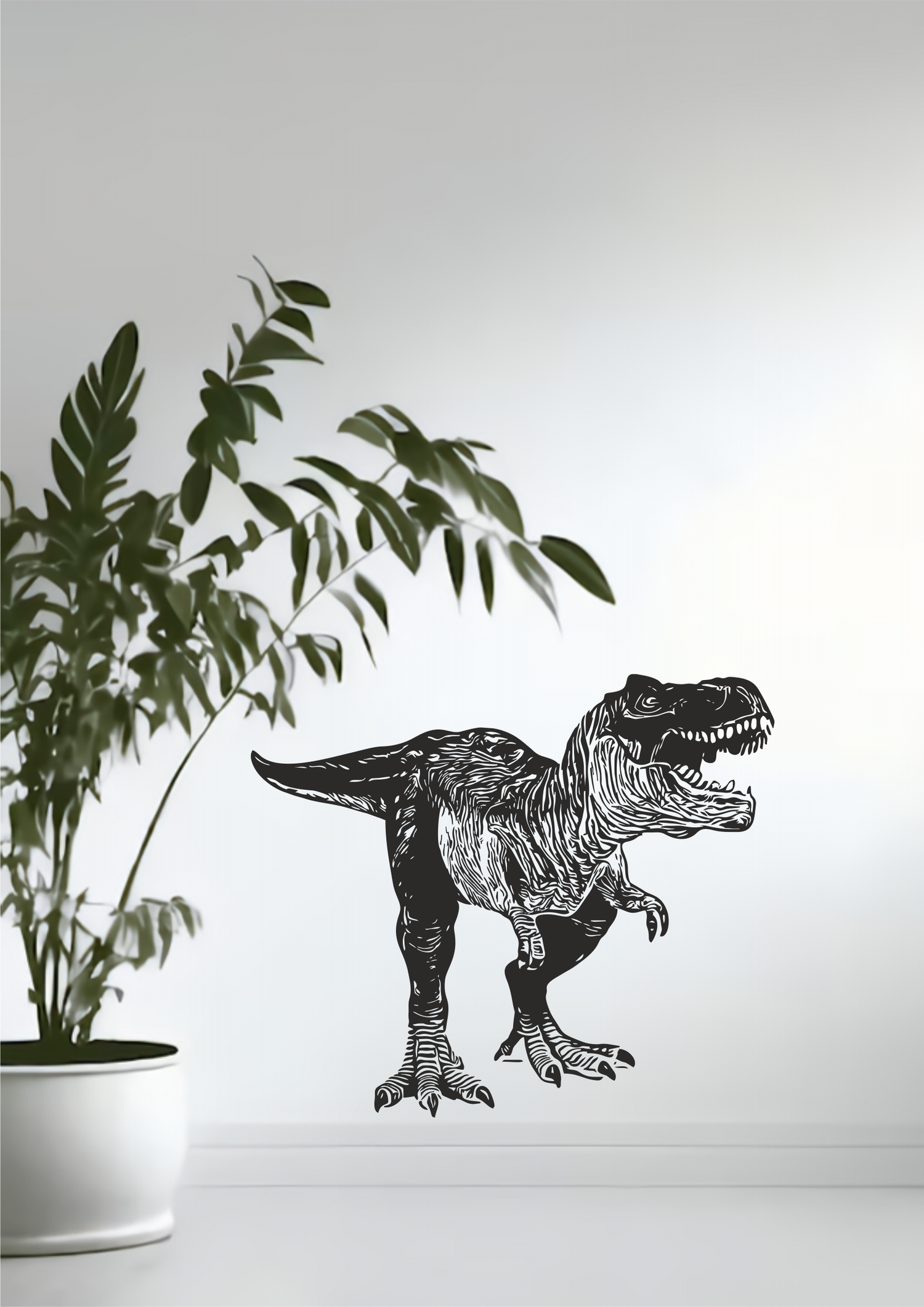 Realistic T-Rex vinyl decal applied on a white wall next to an indoor plant – bold prehistoric wall art for kids’ rooms or play areas.